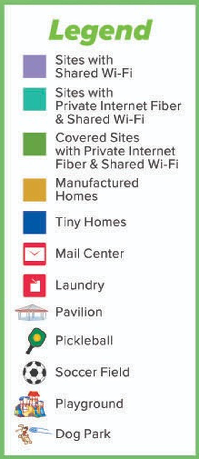 Map key: sites with shared Wi-Fi, sites with private internet fiber and shared Wi-Fi, covered sites with private internet fiber and shared Wi-Fi, manufactured homes, tiny homes, mail center, laundry, pavilion, pickleball, soccer field, playground and dog park.