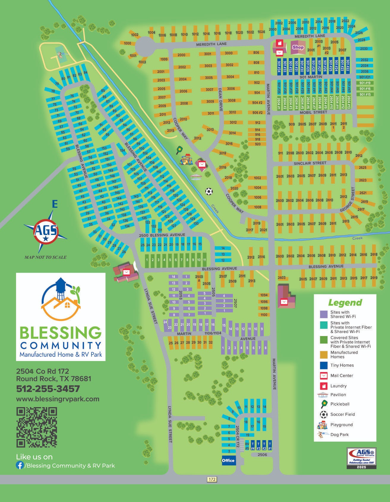 Site map of Blessing Community showing RV sites, manufactured home lots, tiny homes, streets, mail centers and amenities